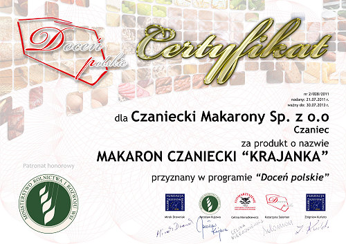 Czanieckie Makarony - certyfikat i godło Doceń Polskie